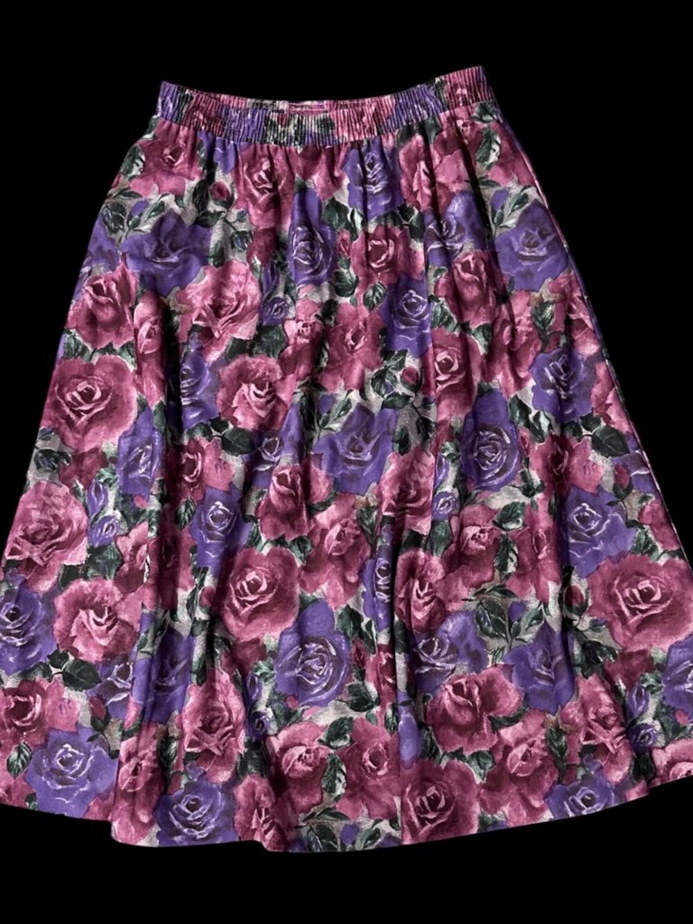Vintage Floral Skirt Elastic Waist Size 12 Midi Purple Pink Roses Cottage USA - Picture 2 of 7